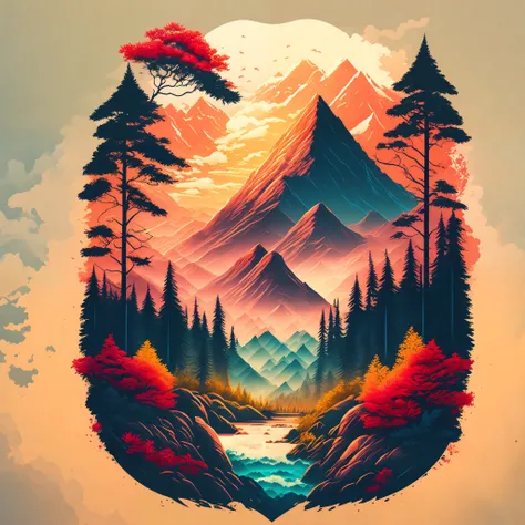 A forest in a summer landscape mountains and flowers, T-shirt design, midjourney, vector art, hydro74