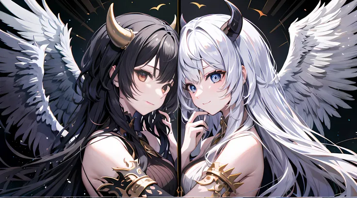 （2girls）, （angels and demons）, （twins）, （wings）, （long silver hair and long black hair）, （delicate glowing pretty face and delic...