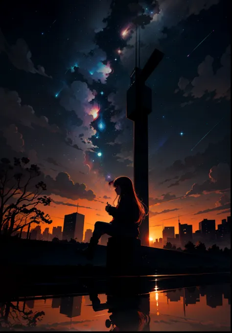 octans, sky, star (sky), scenery, starry sky, night, 1girl, night sky, solo, outdoors, signature, building, cloud, milky way, si...