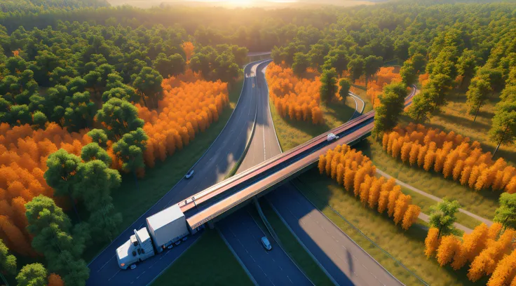 a large number of transport trucks，freeway，viaduct，forested，lakes，realistic style，sunlight shines from above，screen warming，the ...