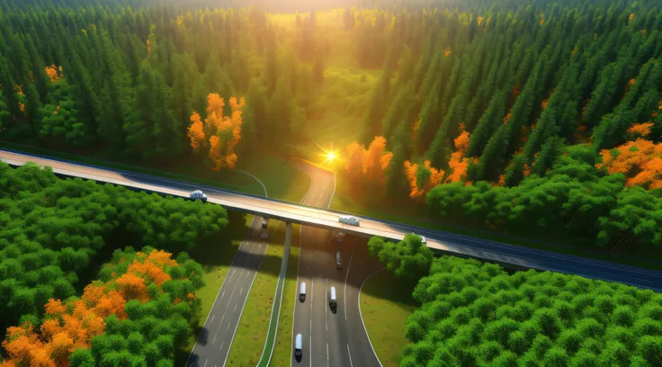 transportation theme，huge transport truck，freeway，forested，realistic style，sunlight shines from above，screen warming，the sun is ...