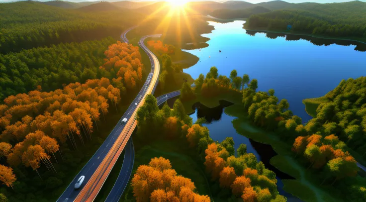 large image width，freeway，viaduct，forested，lakes，realistic style，sunlight shines from above，screen warming，the sun is set above，...