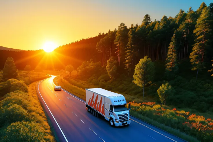 transport truck and highway theme，forests and lakes are needed around it，tilt the viewing angle。the picture is magnificent，reali...