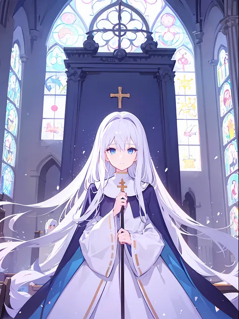 1girl, white hair, solo focus, clearly, blue eyes, very long hair, stole, priest, bishojo, church