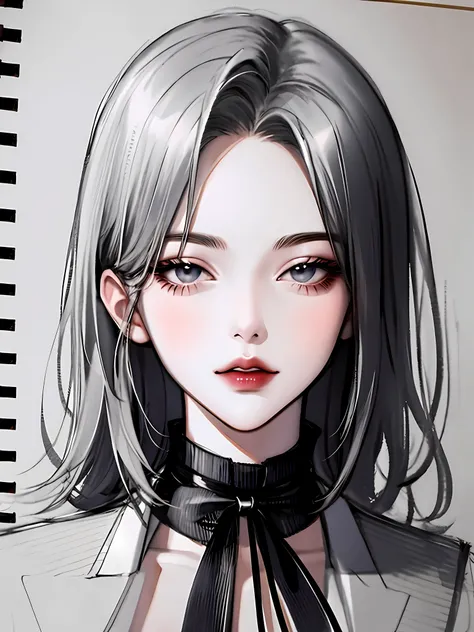 1girl, closed mouth, lips, looking at viewer, portrait, sketch, solo