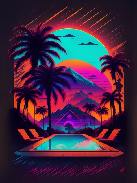 palmeiras e sol, piscina, vetorizado, synthwave, roxo azul vermelho laranja, cores neon brilhantes em um fundo escuro,