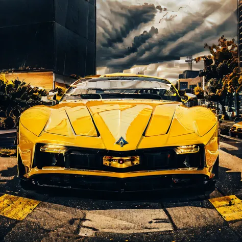ambsdr yellow body, blue stripe, taxi sign on top, in new york city, wide-angle, masterpiece, award winning, parked on a road, buildings in background, natural lighting, cloudy skies, urban, sharp focus, smooth, intricate details, 8k wallpaper, trending on...