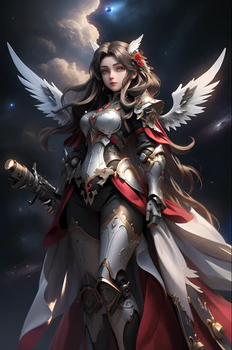 A dark angel dressed in mechanical armor,(best quailty,8K,tmasterpiece:1.3),digital DSLR camera,hightquality,((A dark angel dressed in mechanical armor,With wings,sacred aura,floating in air,falling from the sky)),Dark planet background,Petite body,(beauti...