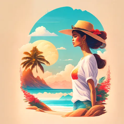A woman on a beach in a summer landscape, design de camiseta, midjourney, arte vetorial,