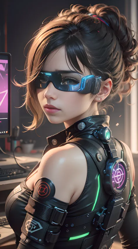 ((best quality)), ((masterpiece)), (very detailed:1.3), 3d, beautiful (cyberpunk:1.3) female hacker, mohican hairstyle, back to ...