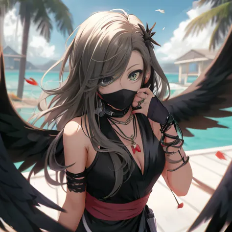 anime girl with black wings and a mask on her face, green eyes、long black straight hair、anime style 4 k, very detailed artgerm, ...