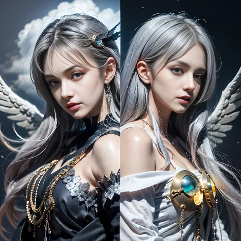 （8k、extreme hight detail、cg unity wallpapers of the highest quality）,（sister angel+sister demon），the older sister has long brigh...