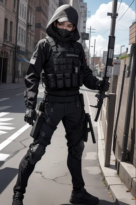 melhor qualidade, high_resolution, menina, mechanical arms, techwear, segurando a arma, fundo detalhado,