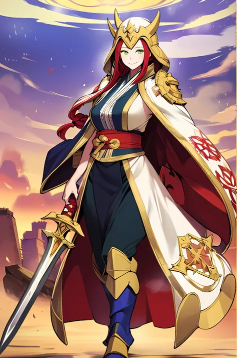 tsubaki yayoioi , blazblue, red hair, green eyes, long hair, tall female, warrior, sword, medieval, twin braids, priestess, holy...