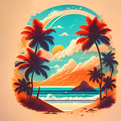 a beach in a summer landscape, t-shirt design, midjourney, vector art