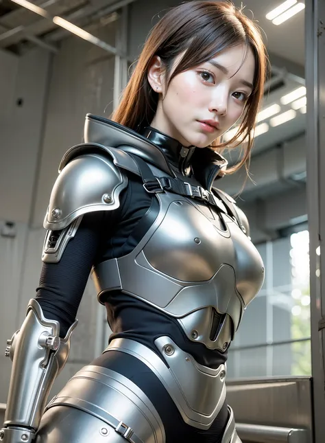 (masterpiece), (beste-Qualit), photorealisim, realisitic, ultra-detailliert, s the perfect face, Perfect body, 1girl in, beautiful a girl, Mechanical Armor, 比基尼、exoskeleton, stands, Cool pose, A sexy, View from below