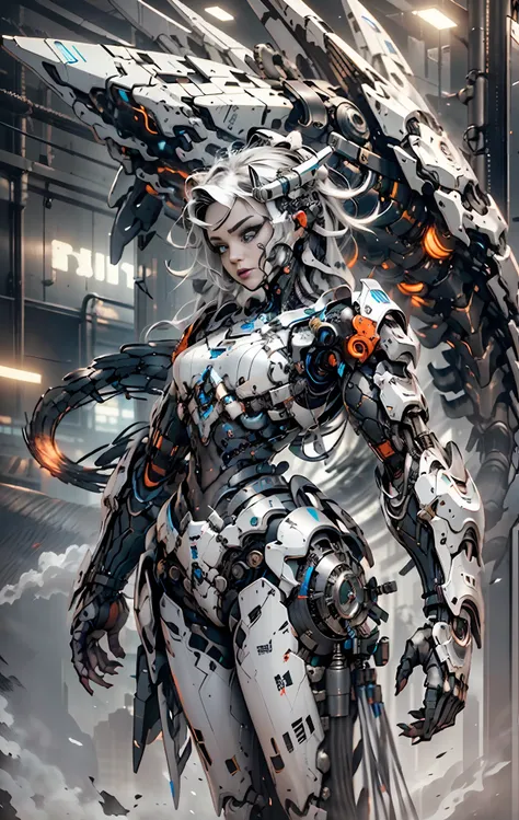 a beautiful woman cyborg warrior in the Style-RustMagic, cyberpunk augmentation, cyberware, cyborg, carbon fiber, chrome, implants, metal skull, cyber plate armor, (dark atmosphere:1.2), (fog & smoke), (dark night:1.3), scars, (dark medium length dishevele...