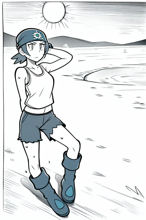 masterpiece, best quality, pkmntag, bandana, white tank top, black shorts, blue boots, looking at viewer, tired, sad, desert, sun, sweat