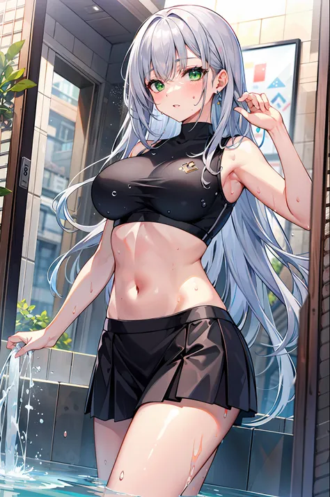 tmasterpiece, very best quality, length hair, silber hair, exteriors, crop tops, under boobs, sweat leggs, Harnes, mini-skirts, Green eyes,Clothes are soaked