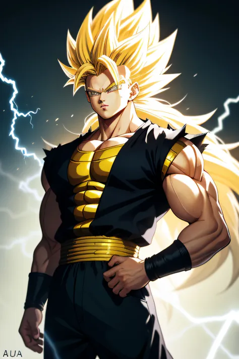 highly detailed, high quality, masterpiece, beautiful, supersaiyan, 1boy, solo, cowboy shot, blonde hair, super saiyan, spiked h...