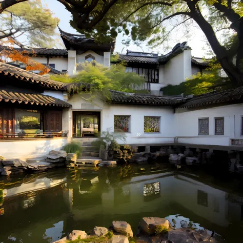 clear and soft light by the river，reflected on the old tile house。a window half-hidden，the inside of the house can be seen from ...