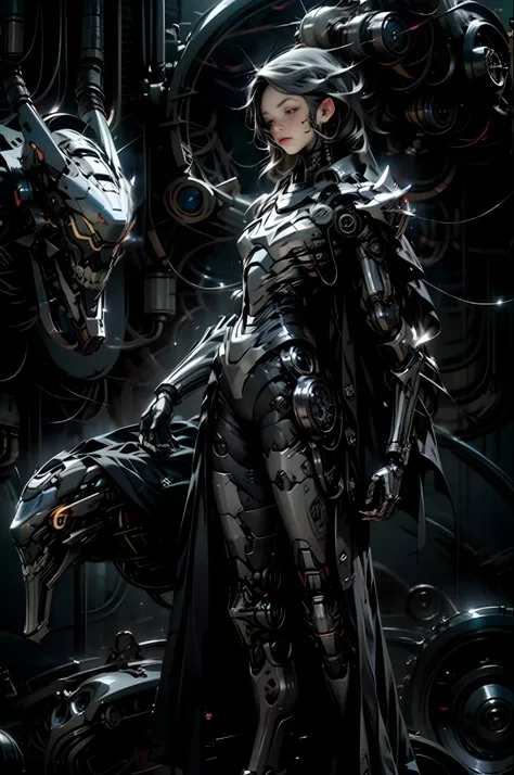 a beautiful woman cyborg warrior in the style-rustmagic, cyberpunk augmentation, cyberware, cyborg, carbon fiber, chrome, implan...