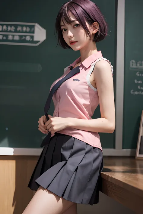 masterpiece, top quality, hi-res, sh1, senjagahara hitagi, short hair, sleeveless, tie, school uniform, pleated skirt, black thi...