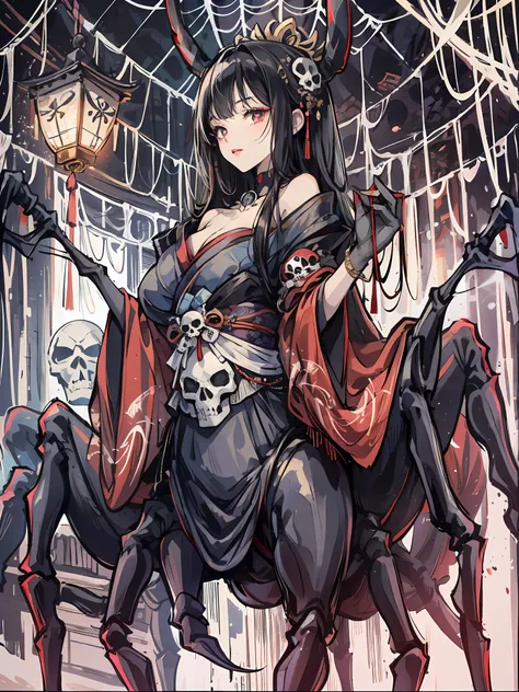 (Arachne: 1.2),
Master-piece, Solo, Bewitching Beauty, Full Body, Kimono Beauty, Black Hair Straight, Bangs, Crimson Lipstick, Sink Eyes, Female Spider, Skull Pattern on Spiders Back, Japan Old Castle in the Background, Ruins, Many Spider Webs, Candlestick...