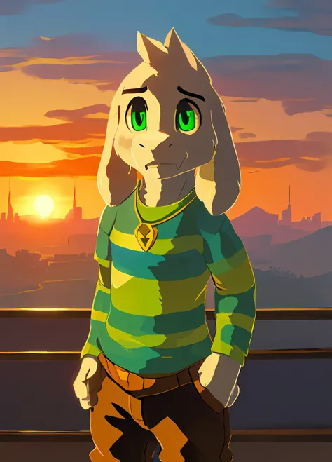 1boy,(( )), green t-shirt, pants, solo, kid, child, sit, sunrise, city, (green t-shirt, brown pants), (best quality, ultra-detailed, best illustration, masterpiece, high res, professional artwork, famous artwork), realistic paint, (insane detailed eyes, gr...