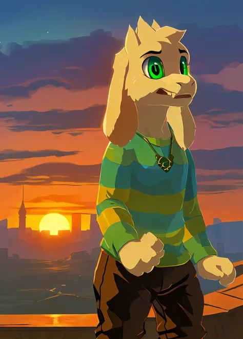 1boy,(( )), green t-shirt, pants, solo, kid, child, sit, sunrise, city, (green t-shirt, brown pants), (best quality, ultra-detailed, best illustration, masterpiece, high res, professional artwork, famous artwork), realistic paint, (insane detailed eyes, gr...