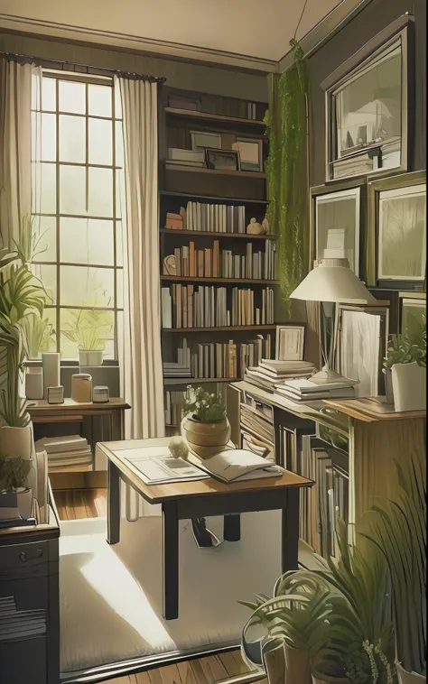 A home office livingroom with bookshelf and plants, picture frame above the couch, plant, indoors, no humans, couch, potted plant, pillow, clock, book, scenery, picture (object), wooden floor, window, shelf, signature, table, rug, picture frame, cushion, p...