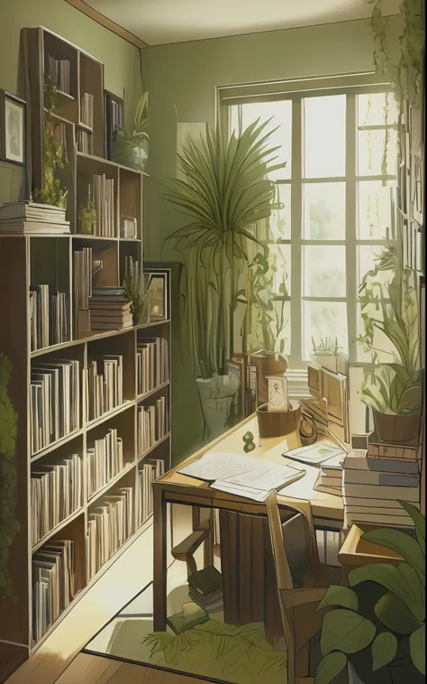 a home office livingroom with bookshelf and plants, picture frame above the couch, plant, indoors, no humans, couch, potted plan...