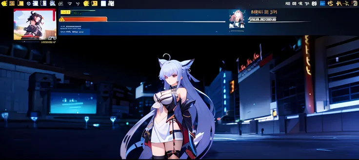 anime character in a dark room with a large screen, Ayaka Genshin impact, ayaka game genshin impact, Genshin Impact style, azur lane style, gameplay screenshot with ui, A scene from the《azur lane》videogame, pc screenshot, genshin impact character, game scr...