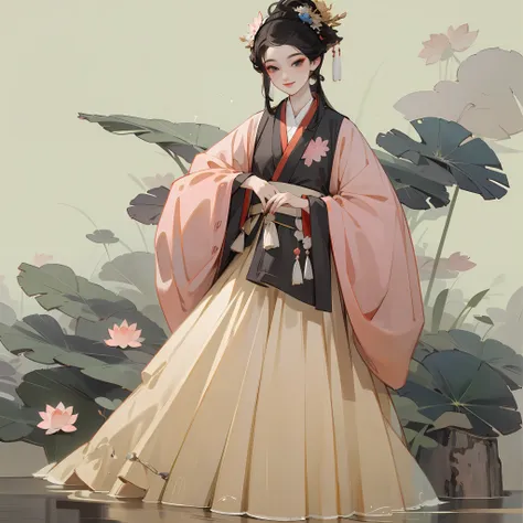 ((4k,masterpiece,best quality)), shuimobysim, chinese painting, lotus, hanfu, maxiskit, dress conservatively 1girl, solo, long b...