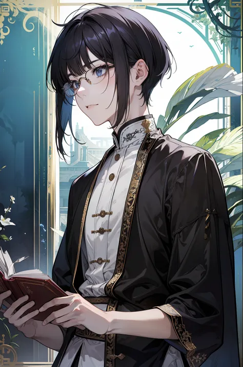 masterpiece、1 male、独奏、20 yrs、A dark-haired、Aligned bangs、bowl cut、Library、Reading a book、eye glasses、