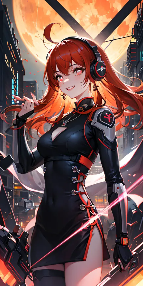 1 girl, chinese_clothes, metallic black titanium and orange, cyberhan, cheongsam, cyberpunk city, dynamic pose, detail luminous ...