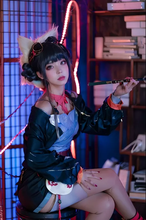 there is a woman sitting on a stool holding a knife, anime cosplay, anime girl cosplay, female cyberpunk anime girl, cyberpunk a...