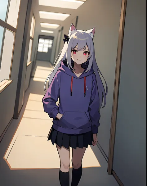 A beautyful girl,Height 154 cm,He has long gray hair,Wearing cat ear decoration,Wearing a triangular hairpin,Has light red eyes,Wearing a black and purple hoodie,Wearing a short black skirt,Wear black calf socks,Wearing small black leather boots,Poor milk,...