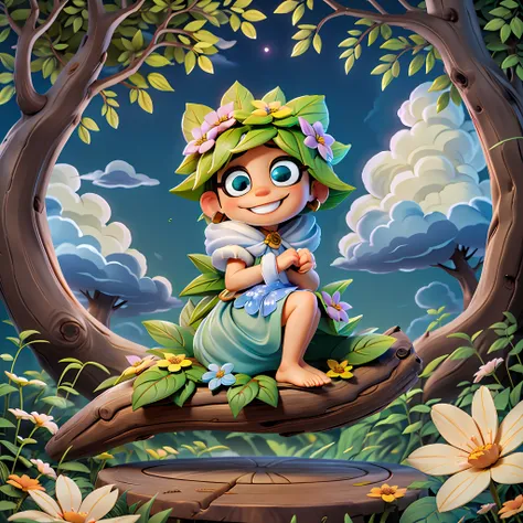 a chibi sitting on a wooden log surrounded by luscious greenery and flowers, facing away from camera, looking up to a bright beautiful sky, with fluffy white clouds, accurate big round eyes, smiling and happy