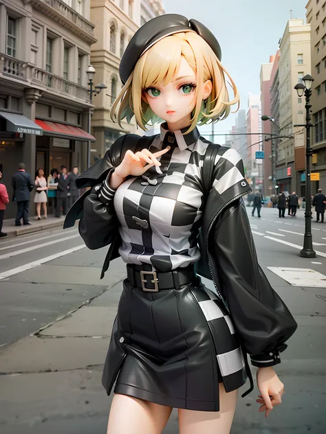 street fashion theme, black and white, character with confident and creative expression, outfit with checkered pattern as accent, checkered accessories, blonde bob hair, medium hair length, green eyes, confident pose, city background,