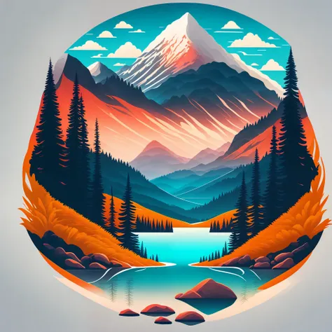 a lake in a mountain landscape, t-shirt design, midjourney, vector art