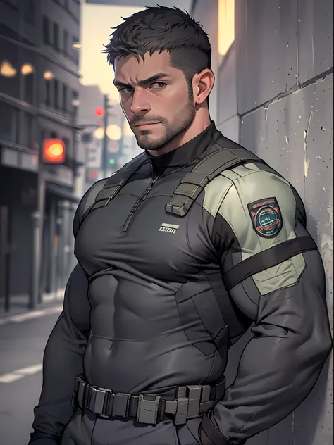 1 man, solo, 35 year old, chris redfield, wearing grey t shirt, smirks, black color on the shoulder and a bsaa logo on the shoul...