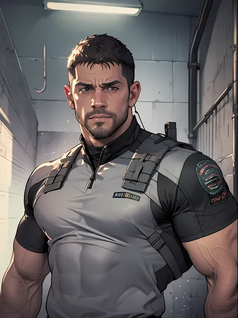 1 man, solo, 35 year old, chris redfield, wearing grey t shirt, smirks, black color on the shoulder and a bsaa logo on the shoul...