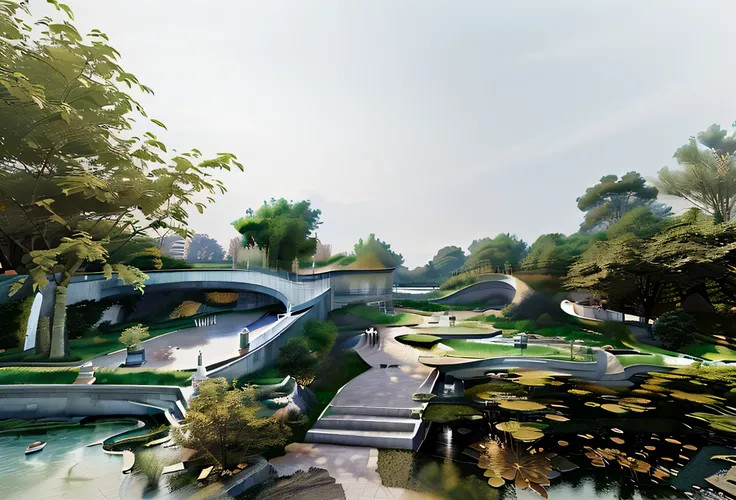 there is a pond with water lillies and a bridge in the middle, Beautiful rendering of the Tang Dynasty, Lotus pond, with a fishpond and courtyard, royal garden landscape, artist impression, author:Shen Zhou, by Ni Yuanlu, Lotus, author:Liao Zhichun, photor...