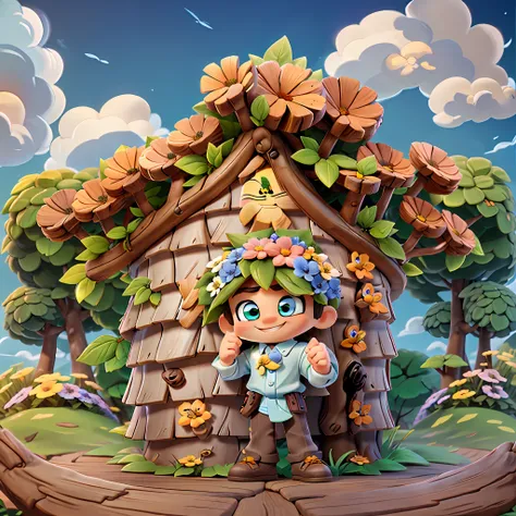 a male chibi standing in front a wooden log treehouse surrounded by luscious greenery and flowers, facing away from camera, looking up to a bright beautiful sky, with fluffy white clouds, accurate big round eyes, smiling and happy