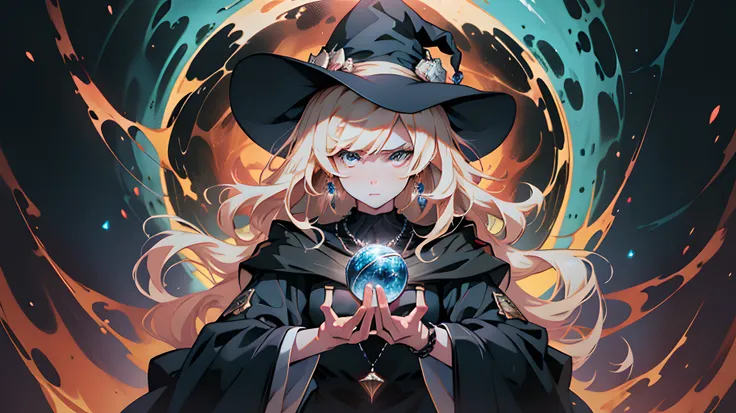 An anime poster featuring a dark magical girl, young and insane beautiful, white medium-long hair, curly hair hanging down, upper body witch robes, delicate witch hat, crystal jewelry and necklace decoration, lean figure, three-dimensional facial features,...