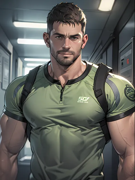 1 man, solo, 35 year old, chris redfield, wearing grey t shirt, smirks, green color on the shoulder and a bsaa logo on the shoul...