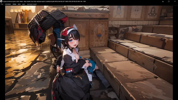 Masterpiece, Top quality, Ultra high definition, Maximum resolution, Very detailed, Professional lighting, Cowboy shots, Masturbation, Grab your own breasts, One girl, Little girl, Very cute, Sit on boy, Spread your legs, Black hair, Semi-long hair, Hair o...