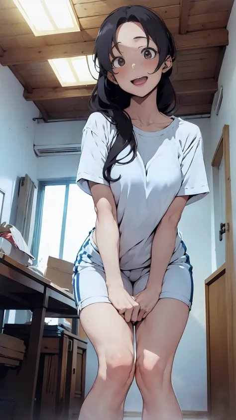 one woman, spread legs, put hands between legs,from below, tall of a person,white t-shirt,blue short pants,thin,gleaming skin,beautiful face,sharp eyes,brown eyes,flushed cheeks,cool,laughing,long hair,pony tale, black hair,slender face,indoor,illustration...