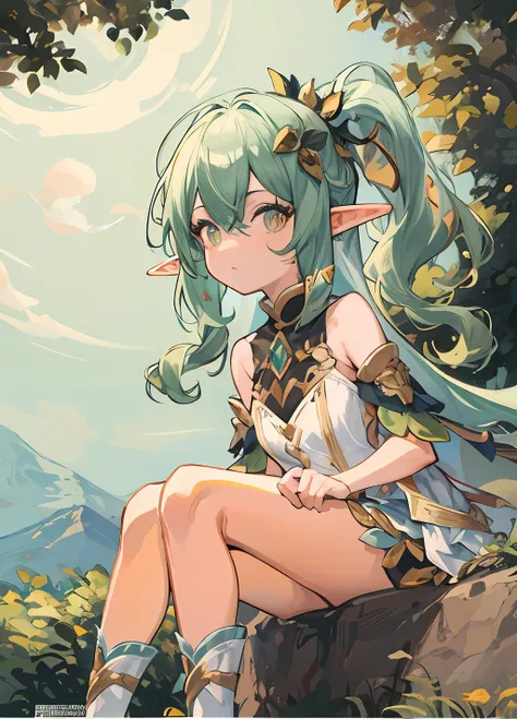 anime girl sitting on rock，the background is a mountain, elf girl, alluring elf princess knight, portrait of an elf, elf princes...